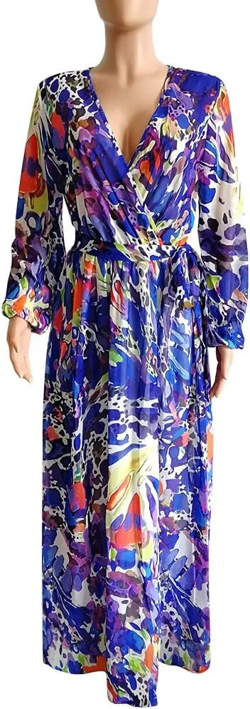 Nuofengkudu Womens Chiffon Deep V-Neck Stripe Printed Maxi Dress Unique Loose Summer Boho Dresses High Waiste(S-5XL)