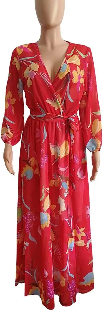 Nuofengkudu Womens Chiffon Deep V-Neck Stripe Printed Maxi Dress Unique Loose Summer Boho Dresses High Waiste(S-5XL)