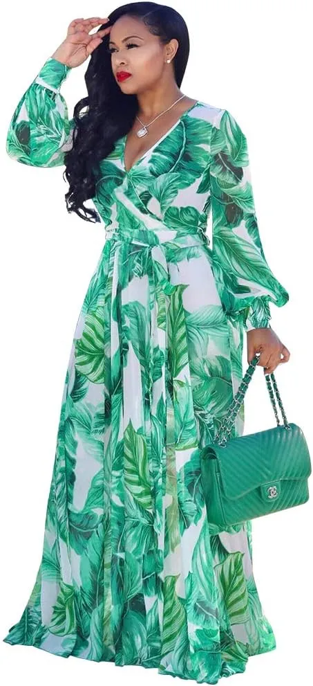 Nuofengkudu Womens Chiffon Deep V-Neck Stripe Printed Maxi Dress Unique Loose Summer Boho Dresses High Waiste(S-5XL)