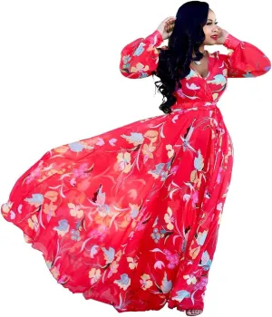 Nuofengkudu Womens Chiffon Deep V-Neck Stripe Printed Maxi Dress Unique Loose Summer Boho Dresses High Waiste(S-5XL)