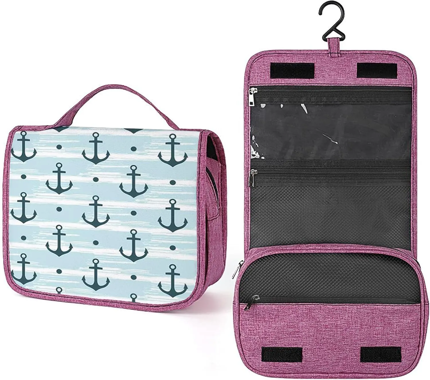 Ocean Theme,Makeup Bag Cosmetic Travel Bag with Hanging Hook,Pattern with Modern Striped Coastline,Water-resistant Make Up Bag Organizer for,Full-size Container,Toiletries,Blue Dark Green