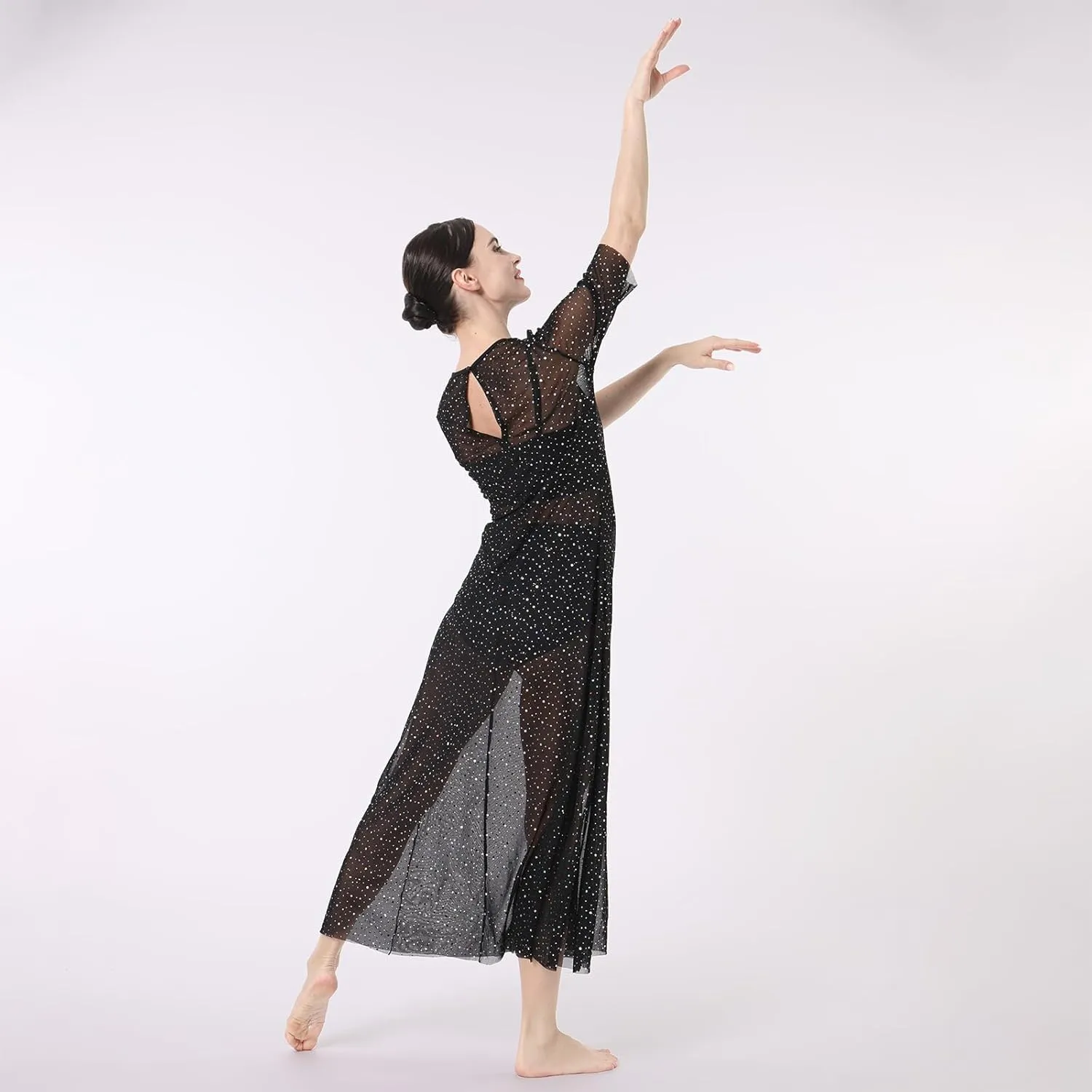 ODASDO 3pcs Women Modern Contemporary Lyrical Dance Costume Power Mesh Side Split Maxi Overdress   Camisole Top   Shorts