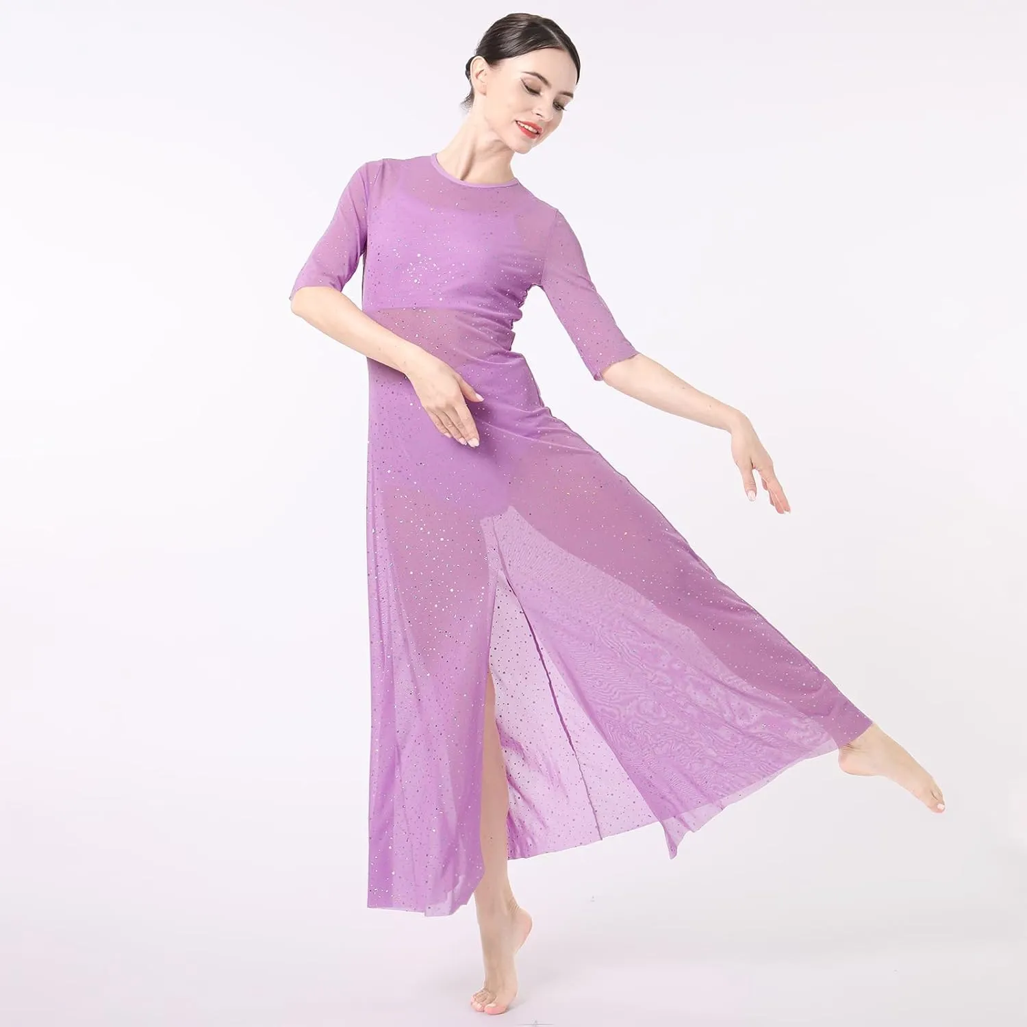 ODASDO 3pcs Women Modern Contemporary Lyrical Dance Costume Power Mesh Side Split Maxi Overdress   Camisole Top   Shorts