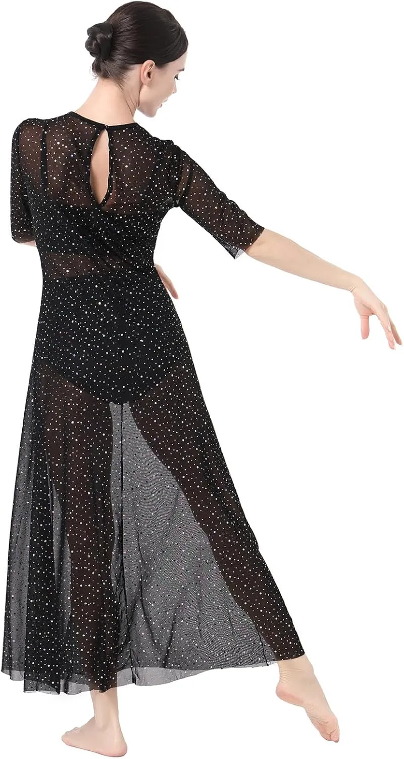 ODASDO 3pcs Women Modern Contemporary Lyrical Dance Costume Power Mesh Side Split Maxi Overdress   Camisole Top   Shorts