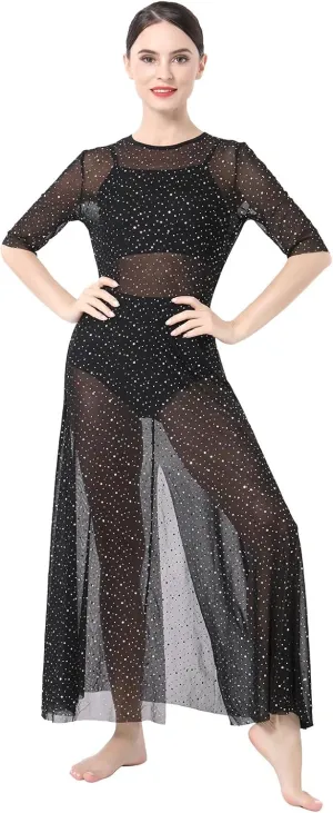 ODASDO 3pcs Women Modern Contemporary Lyrical Dance Costume Power Mesh Side Split Maxi Overdress   Camisole Top   Shorts
