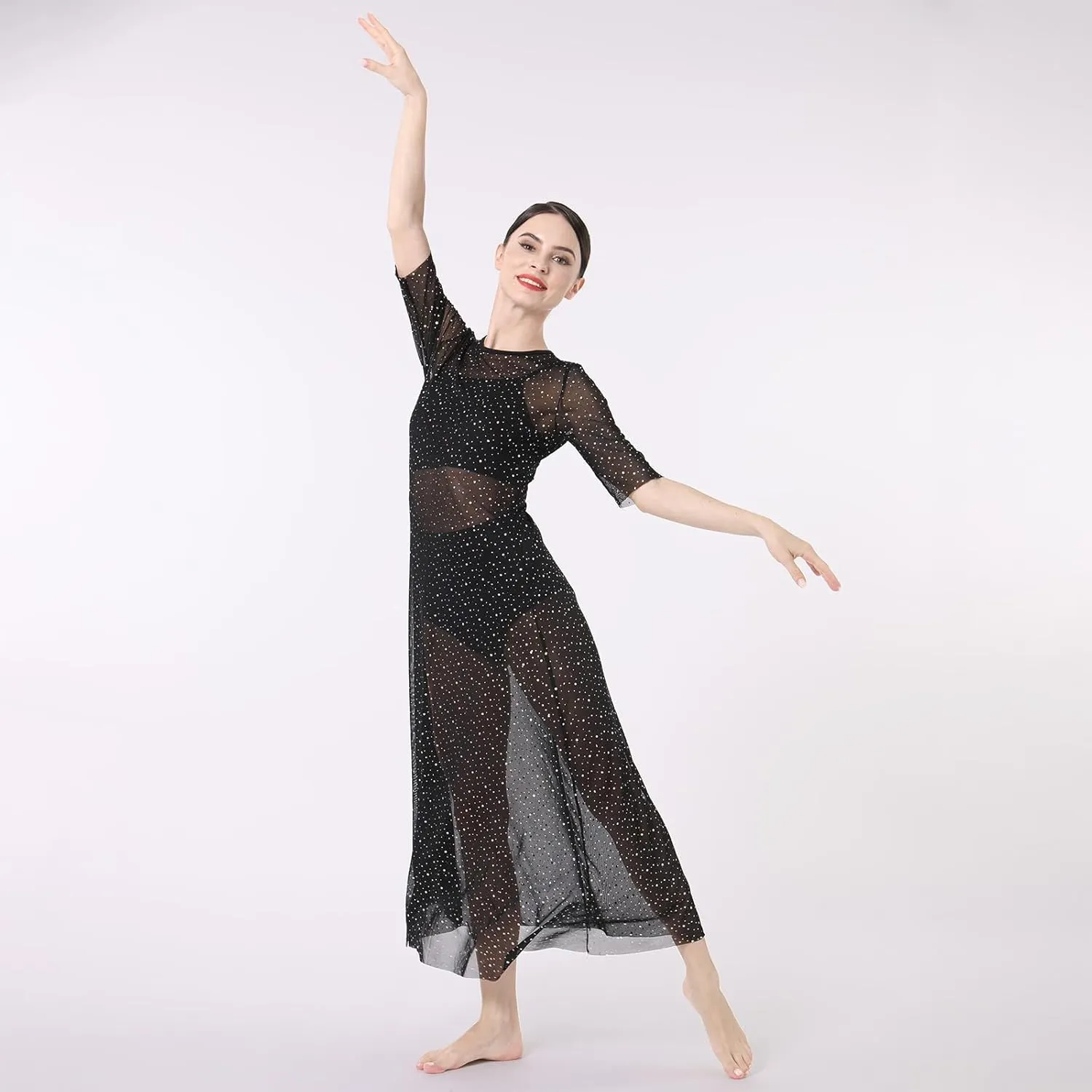 ODASDO 3pcs Women Modern Contemporary Lyrical Dance Costume Power Mesh Side Split Maxi Overdress   Camisole Top   Shorts
