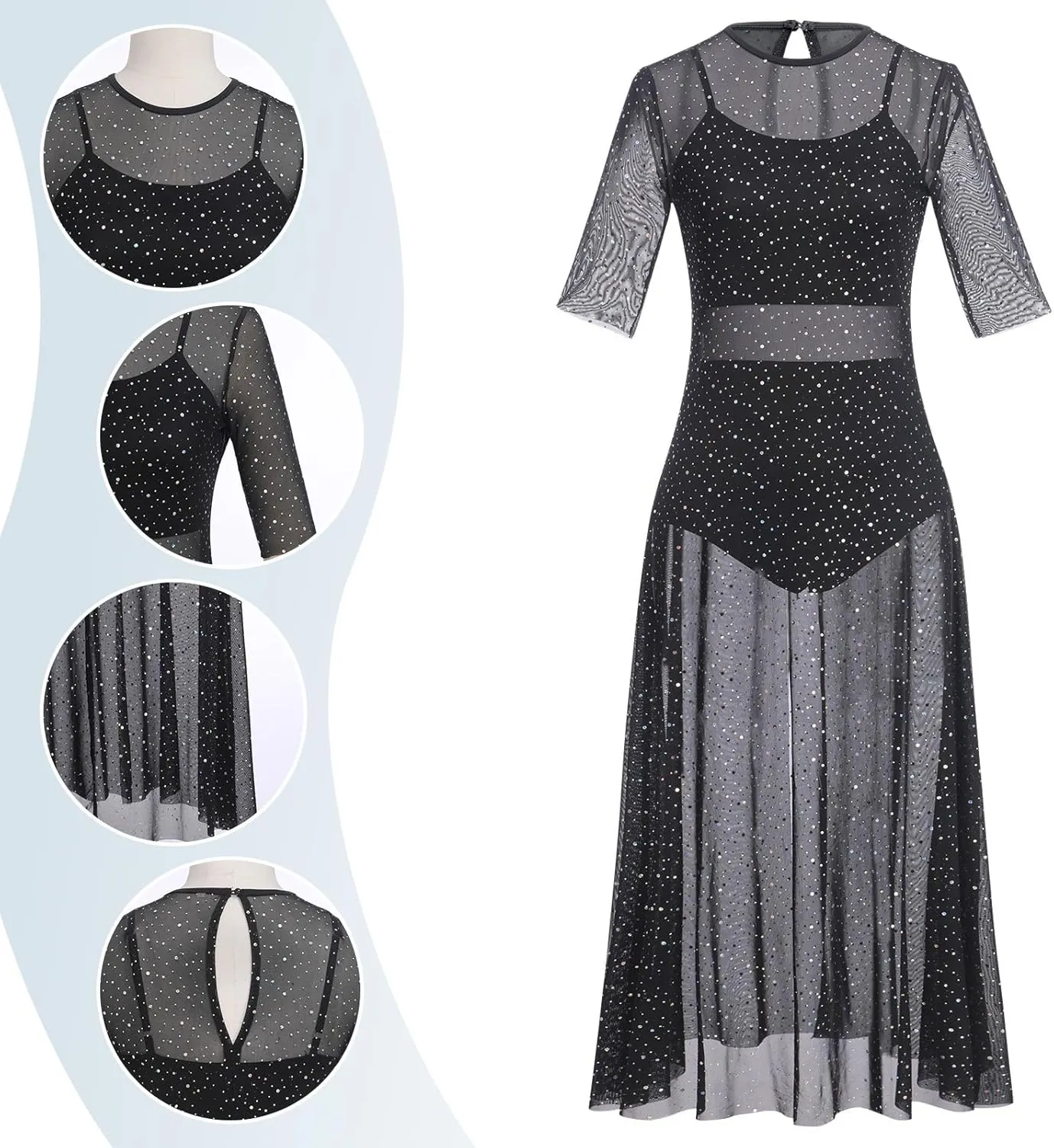 ODASDO 3pcs Women Modern Contemporary Lyrical Dance Costume Power Mesh Side Split Maxi Overdress   Camisole Top   Shorts