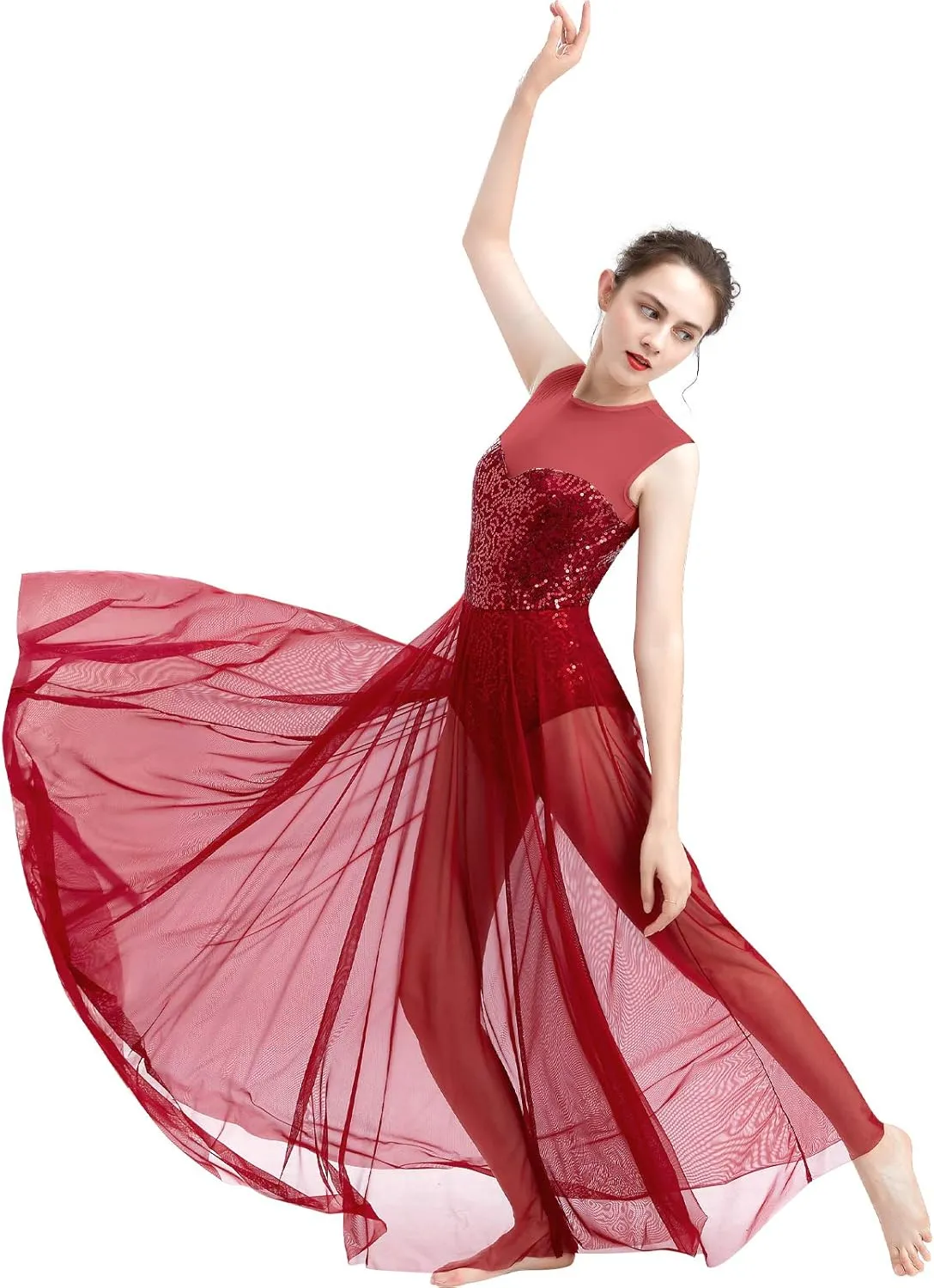 ODASDO Women Lyrical Dance Dress Modern Contemporary Dancewear Costume Sequins Tank Leotard Tulle Maxi Overlay Dress