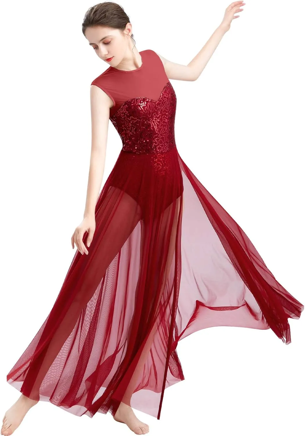 ODASDO Women Lyrical Dance Dress Modern Contemporary Dancewear Costume Sequins Tank Leotard Tulle Maxi Overlay Dress