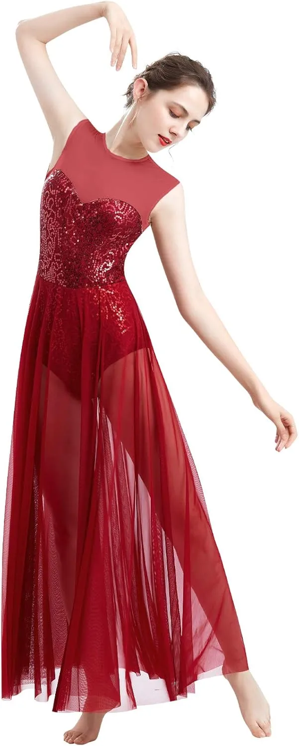 ODASDO Women Lyrical Dance Dress Modern Contemporary Dancewear Costume Sequins Tank Leotard Tulle Maxi Overlay Dress