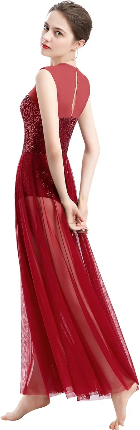 ODASDO Women Lyrical Dance Dress Modern Contemporary Dancewear Costume Sequins Tank Leotard Tulle Maxi Overlay Dress