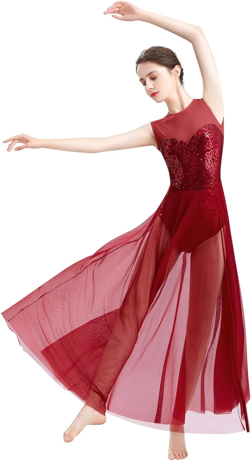 ODASDO Women Lyrical Dance Dress Modern Contemporary Dancewear Costume Sequins Tank Leotard Tulle Maxi Overlay Dress