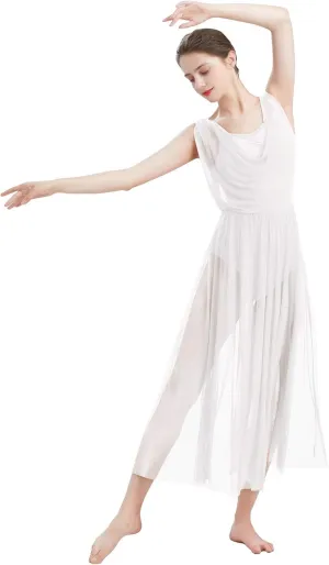 ODASDO Women Lyrical Modern Contemporary Dance Costume Leotard V-Neck Backless Split Tulle Skirt Flowy Overlay Dress