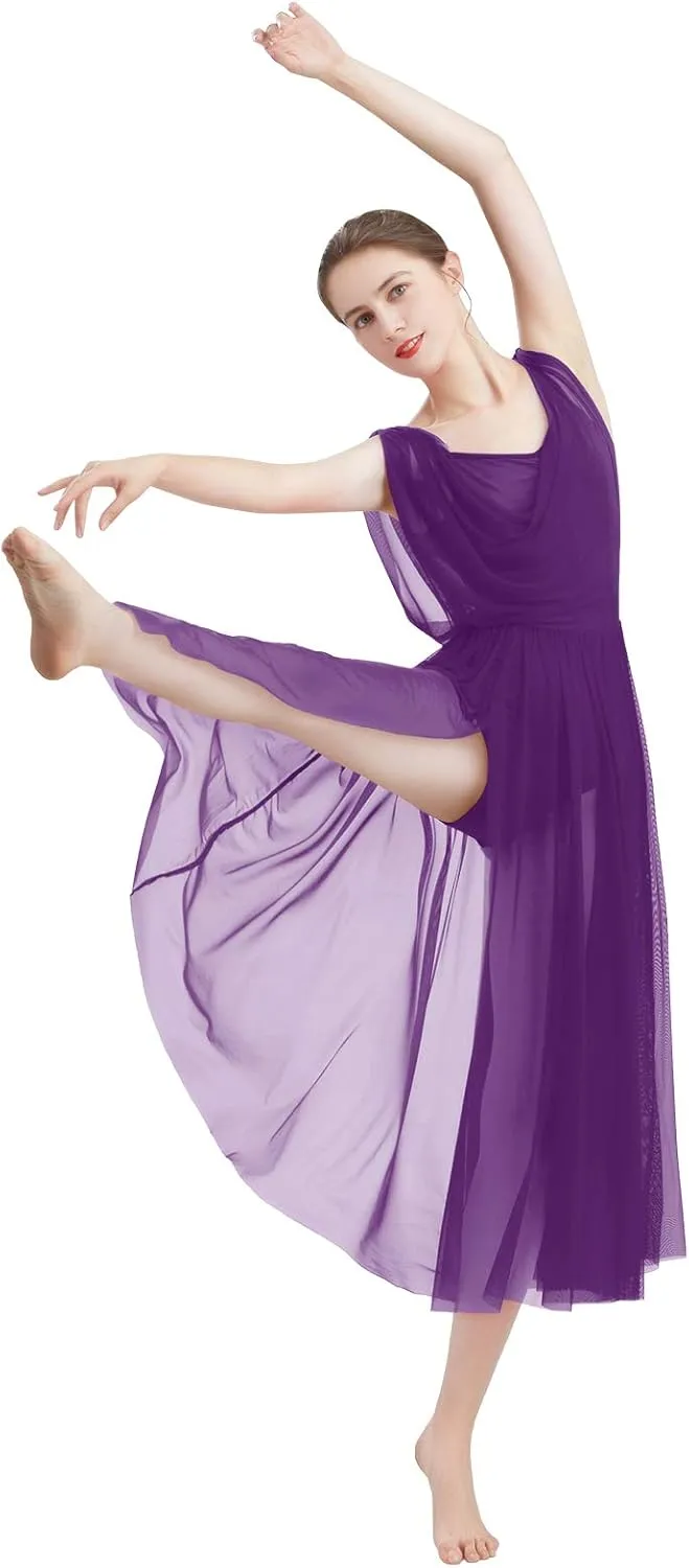 ODASDO Women Lyrical Modern Contemporary Dance Costume Leotard V-Neck Backless Split Tulle Skirt Flowy Overlay Dress