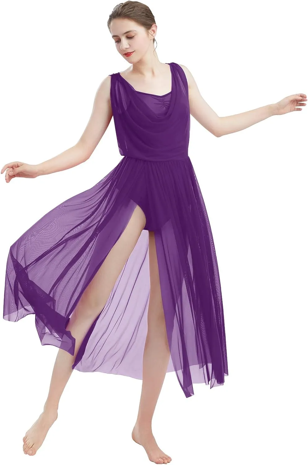 ODASDO Women Lyrical Modern Contemporary Dance Costume Leotard V-Neck Backless Split Tulle Skirt Flowy Overlay Dress