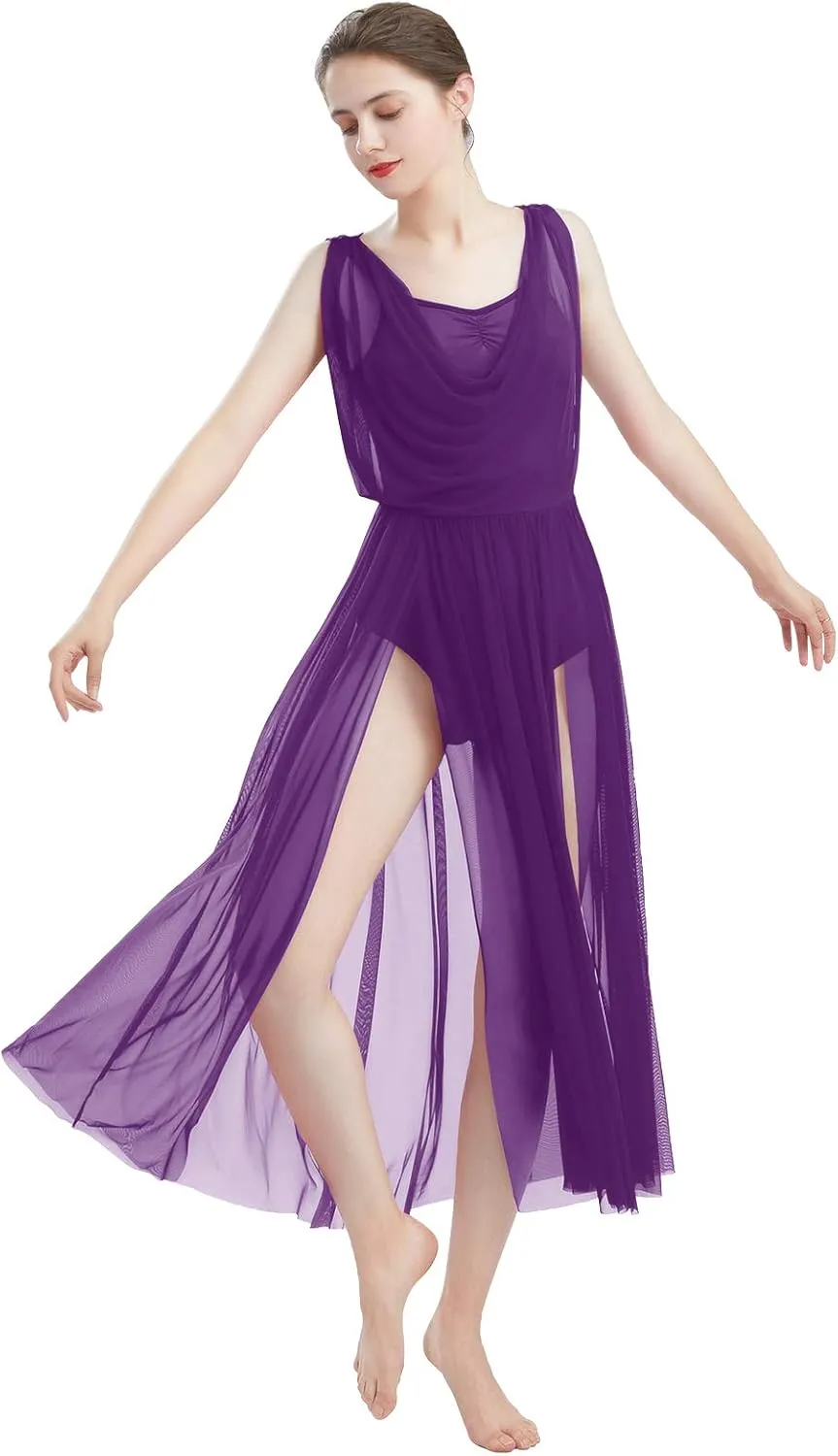 ODASDO Women Lyrical Modern Contemporary Dance Costume Leotard V-Neck Backless Split Tulle Skirt Flowy Overlay Dress
