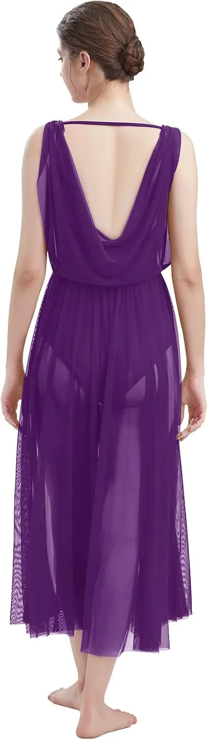 ODASDO Women Lyrical Modern Contemporary Dance Costume Leotard V-Neck Backless Split Tulle Skirt Flowy Overlay Dress