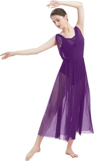 ODASDO Women Lyrical Modern Contemporary Dance Costume Leotard V-Neck Backless Split Tulle Skirt Flowy Overlay Dress