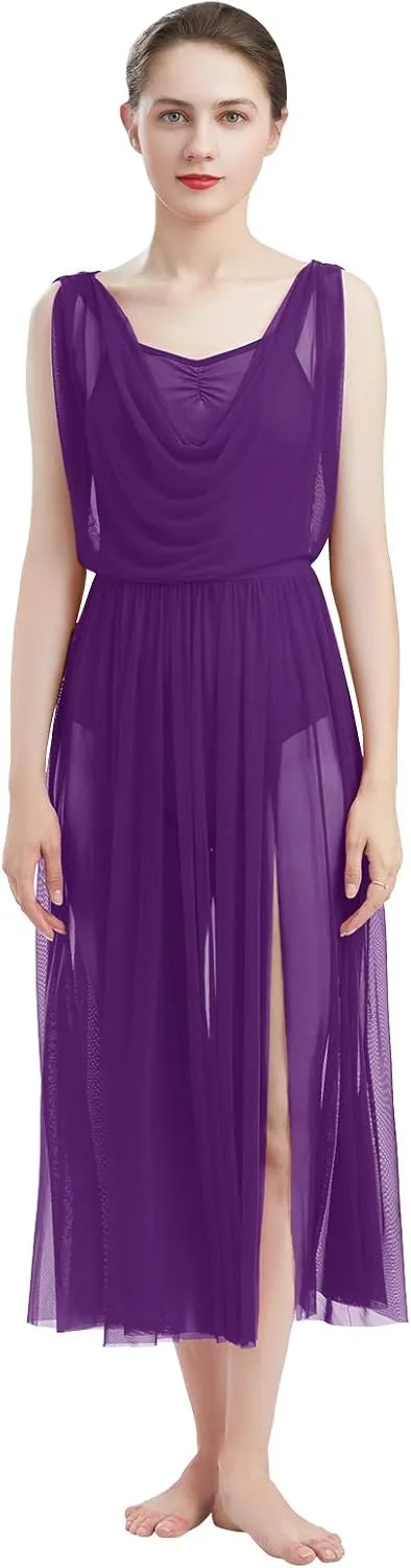 ODASDO Women Lyrical Modern Contemporary Dance Costume Leotard V-Neck Backless Split Tulle Skirt Flowy Overlay Dress