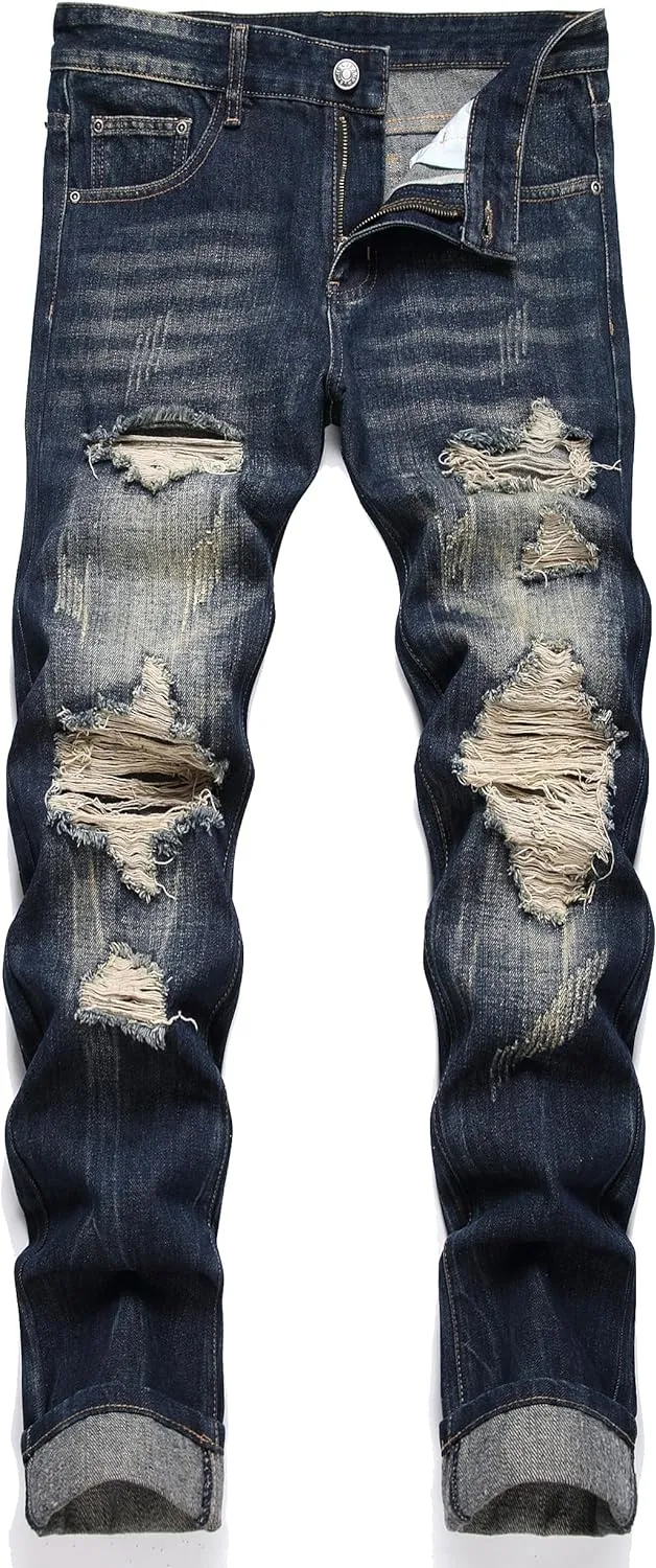 OIIIO Men's Ripped Slim Fit Straight Leg Jean Denim Pant