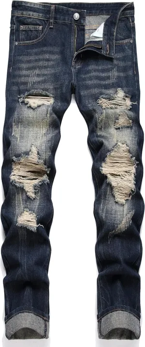OIIIO Men's Ripped Slim Fit Straight Leg Jean Denim Pant