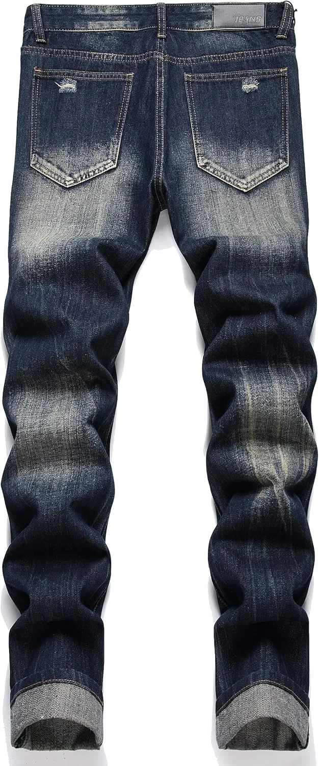 OIIIO Men's Ripped Slim Fit Straight Leg Jean Denim Pant