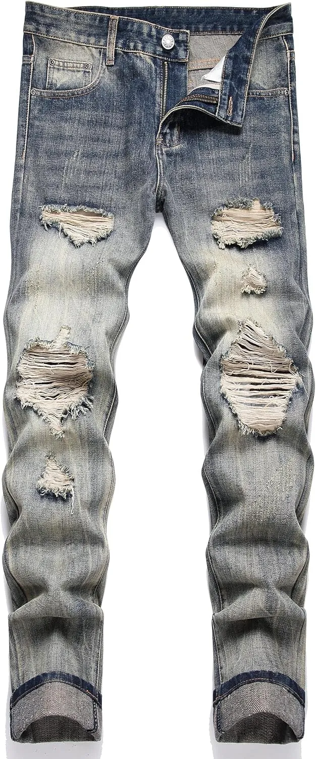 OIIIO Men's Ripped Slim Fit Straight Leg Jean Denim Pant