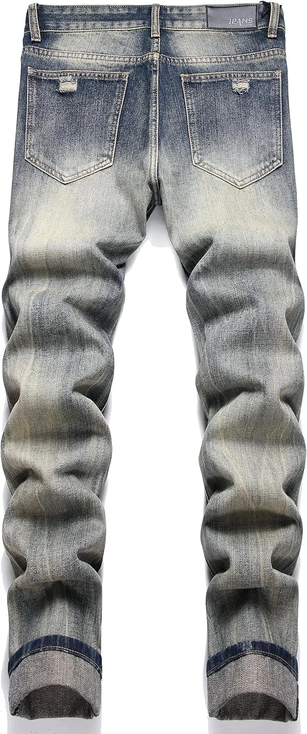 OIIIO Men's Ripped Slim Fit Straight Leg Jean Denim Pant