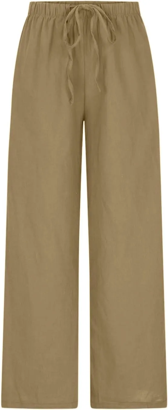 Oplxuo Women's Cotton Linen Palazzo Pants Summer Flowy Wide Leg Beach Trousers Drawstring Stretchy Lounge Pants with Pockets