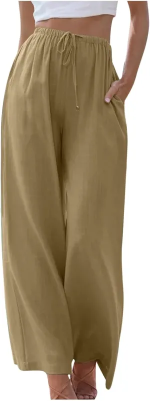 Oplxuo Women's Cotton Linen Palazzo Pants Summer Flowy Wide Leg Beach Trousers Drawstring Stretchy Lounge Pants with Pockets