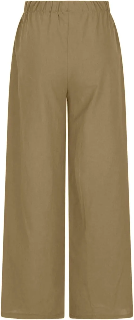 Oplxuo Women's Cotton Linen Palazzo Pants Summer Flowy Wide Leg Beach Trousers Drawstring Stretchy Lounge Pants with Pockets