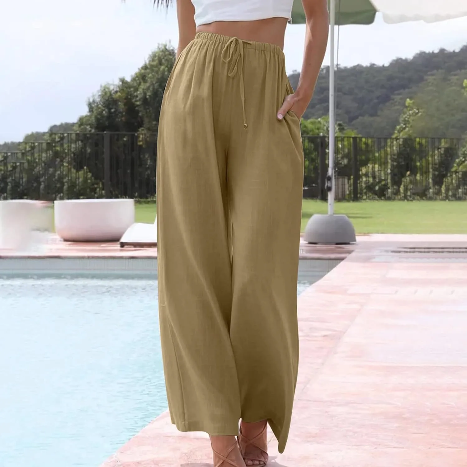 Oplxuo Women's Cotton Linen Palazzo Pants Summer Flowy Wide Leg Beach Trousers Drawstring Stretchy Lounge Pants with Pockets