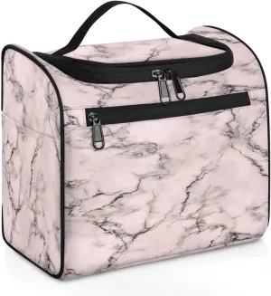 OSAM SPACE Pink Grey Marble Texture Hanging Toiletry Bag for Women Men, Modern Large Capacity Travel Cosmetic Bag Makeup Organizer for Shampoo Bathroom Shower