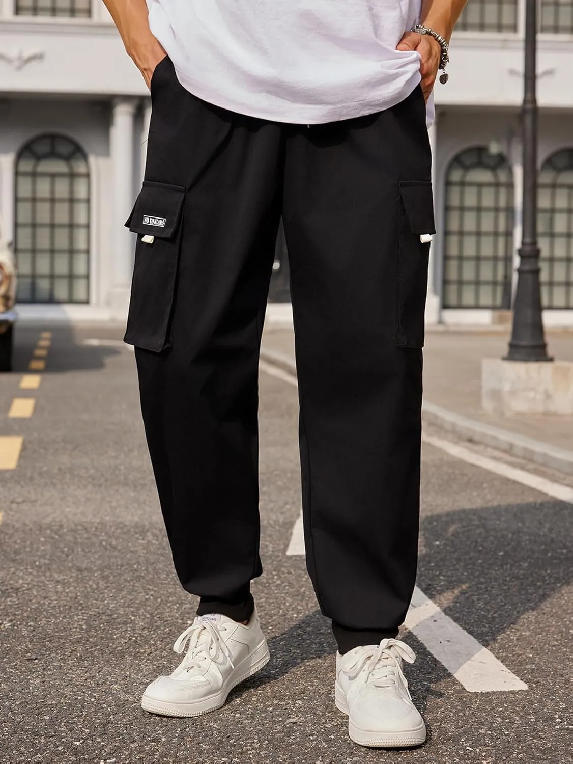 OYOANGLE Men's Casual Drawstring Elastic Waist Flap Pocket Letter Graphic Street Jogger Cargo Pants