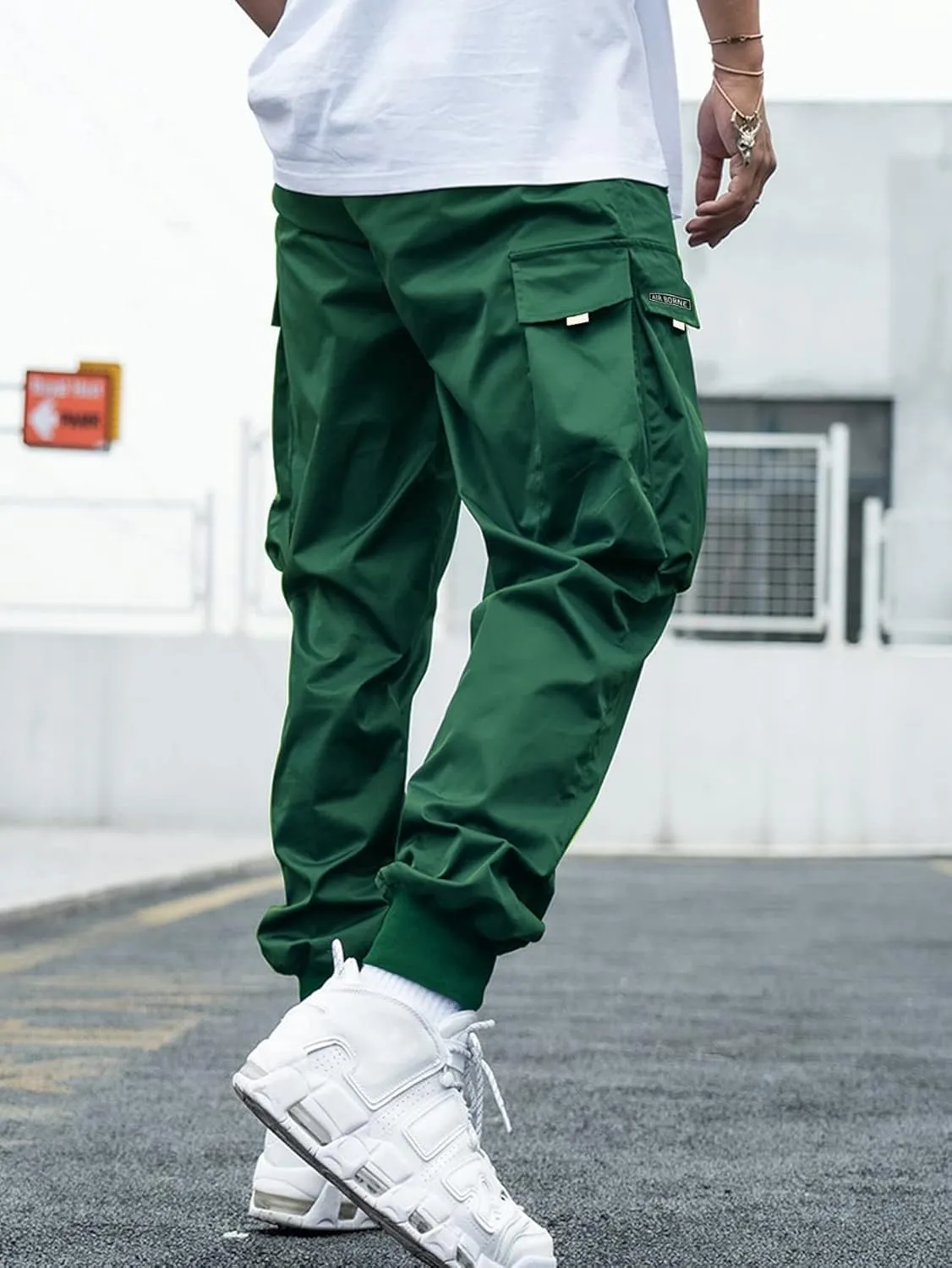 OYOANGLE Men's Casual Drawstring Elastic Waist Flap Pocket Letter Graphic Street Jogger Cargo Pants