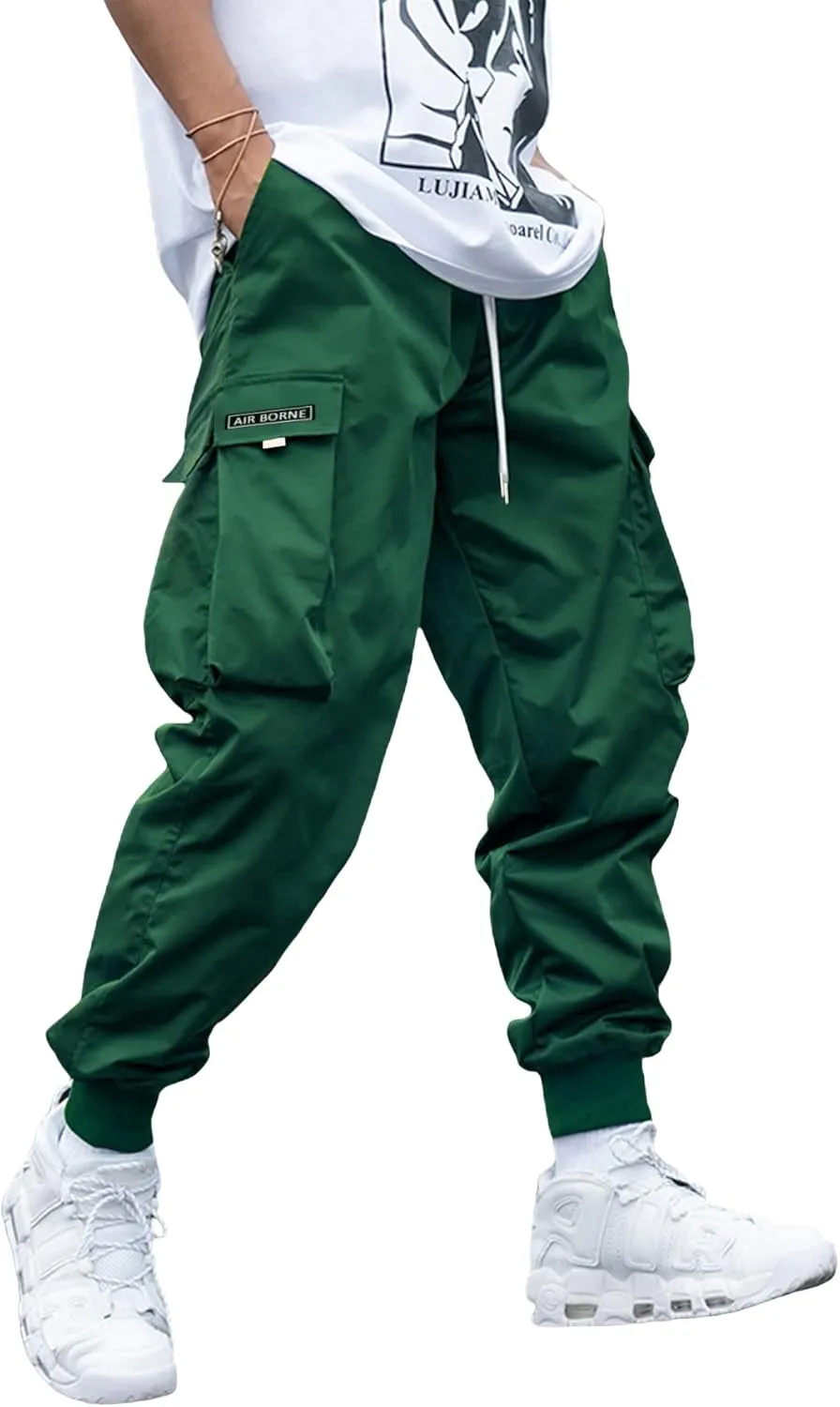 OYOANGLE Men's Casual Drawstring Elastic Waist Flap Pocket Letter Graphic Street Jogger Cargo Pants