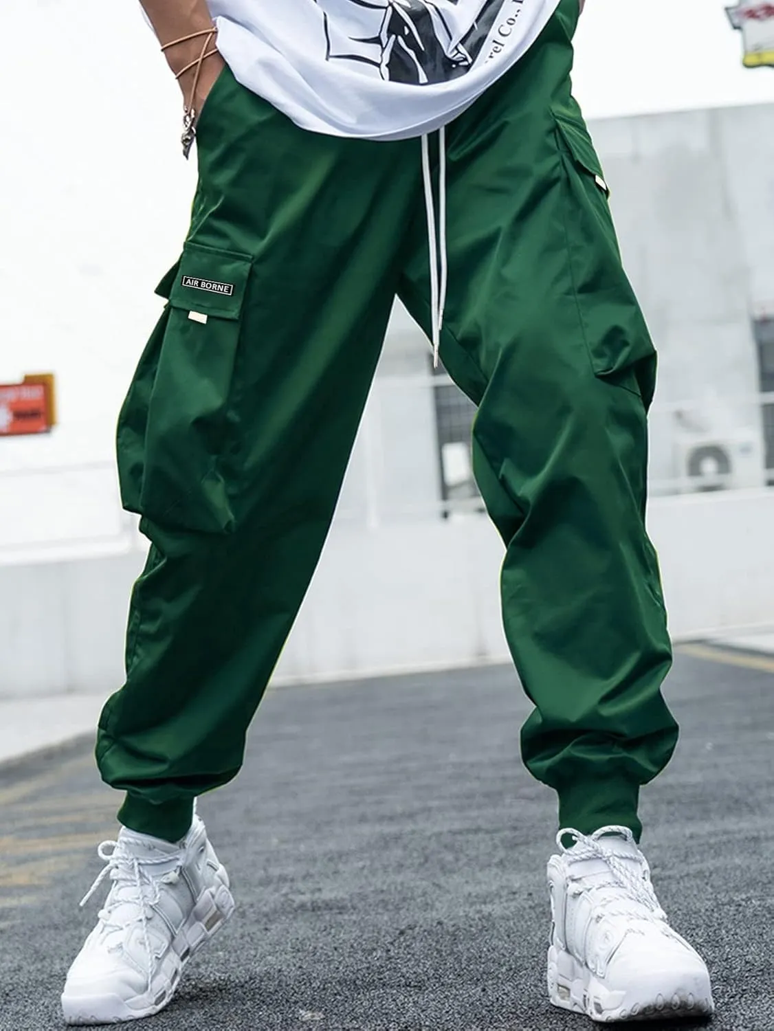 OYOANGLE Men's Casual Drawstring Elastic Waist Flap Pocket Letter Graphic Street Jogger Cargo Pants