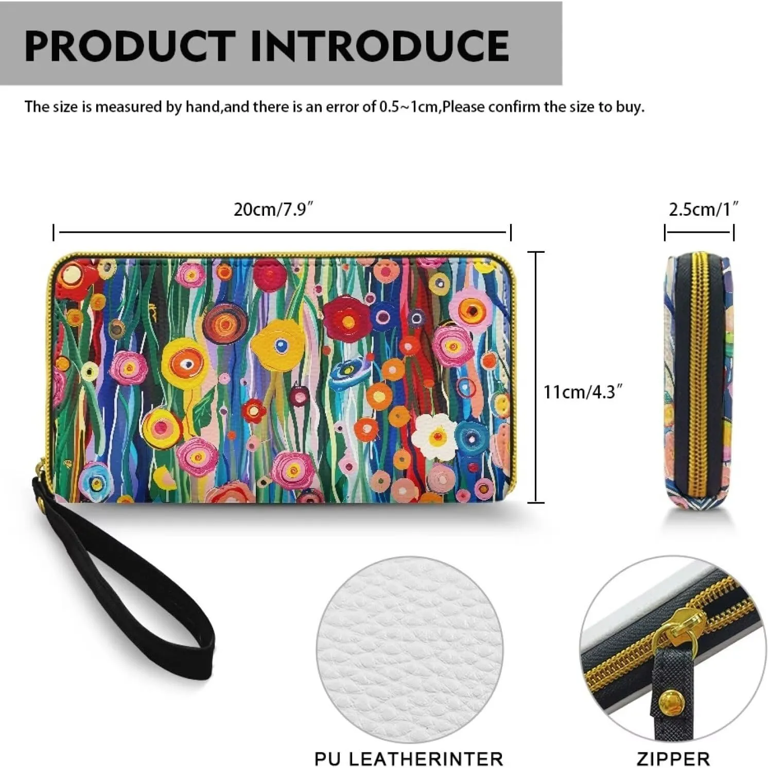 Painting Flowers Wallet for Women Oil Painted Stripes Floral Zip Around Clutch Cell Phone Case, Modern Art PU Leather Casual Handbag for Key Credit Cards