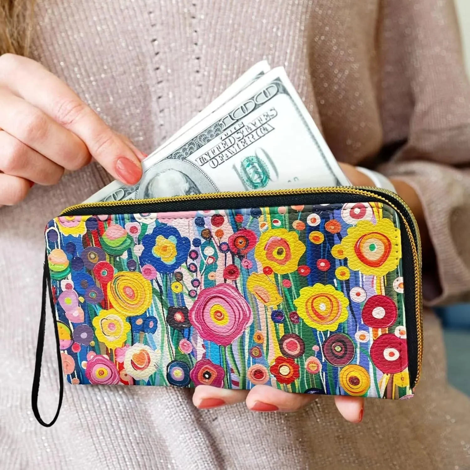 Painting Flowers Wallet for Women Oil Painted Stripes Floral Zip Around Clutch Cell Phone Case, Modern Art PU Leather Casual Handbag for Key Credit Cards