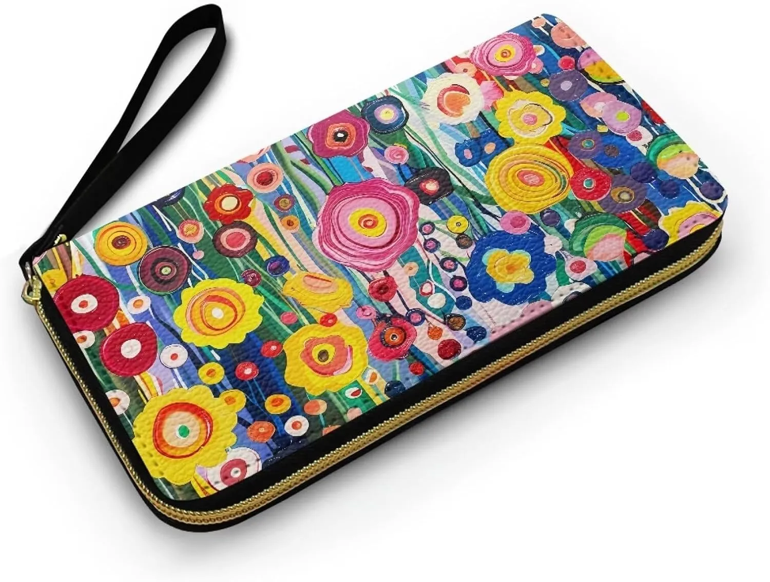 Painting Flowers Wallet for Women Oil Painted Stripes Floral Zip Around Clutch Cell Phone Case, Modern Art PU Leather Casual Handbag for Key Credit Cards