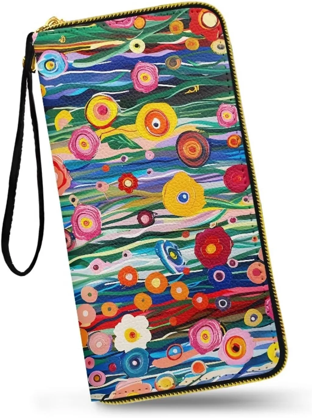 Painting Flowers Wallet for Women Oil Painted Stripes Floral Zip Around Clutch Cell Phone Case, Modern Art PU Leather Casual Handbag for Key Credit Cards
