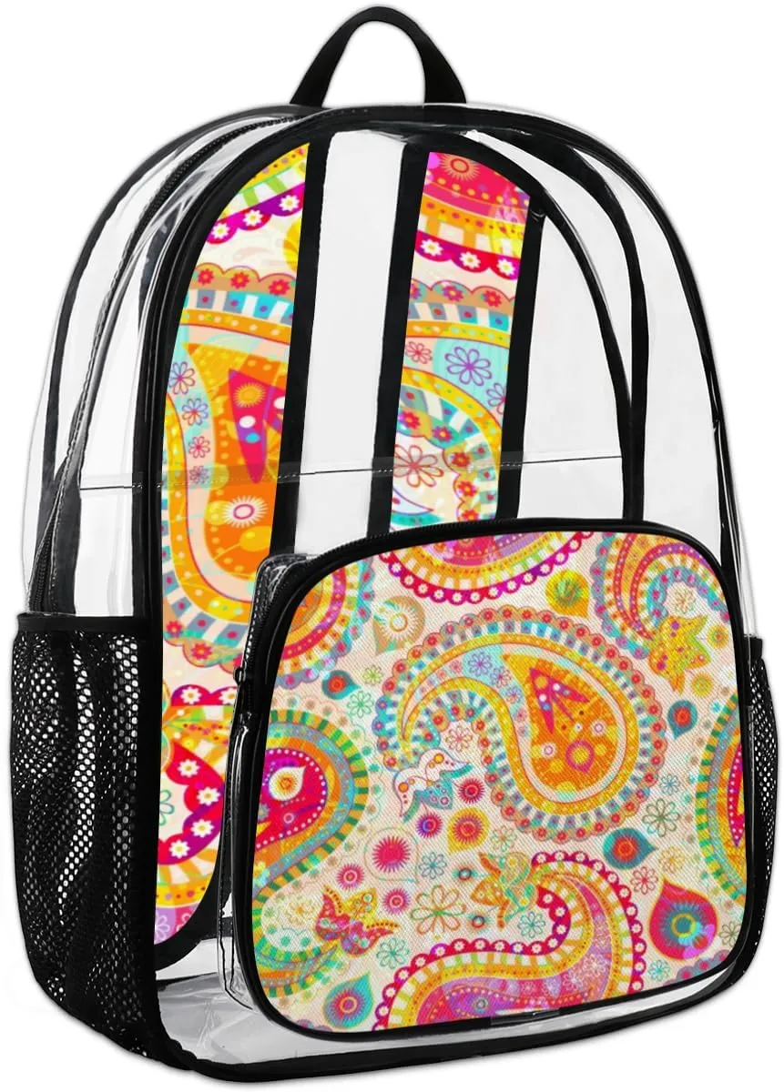 Paisleys Boho Modern Clear Backpack Heavy Duty Transparent Bookbag Clear Back Pack See Through Plastic Book Bag for Work,Security,Stadium,Travel,Festival,College