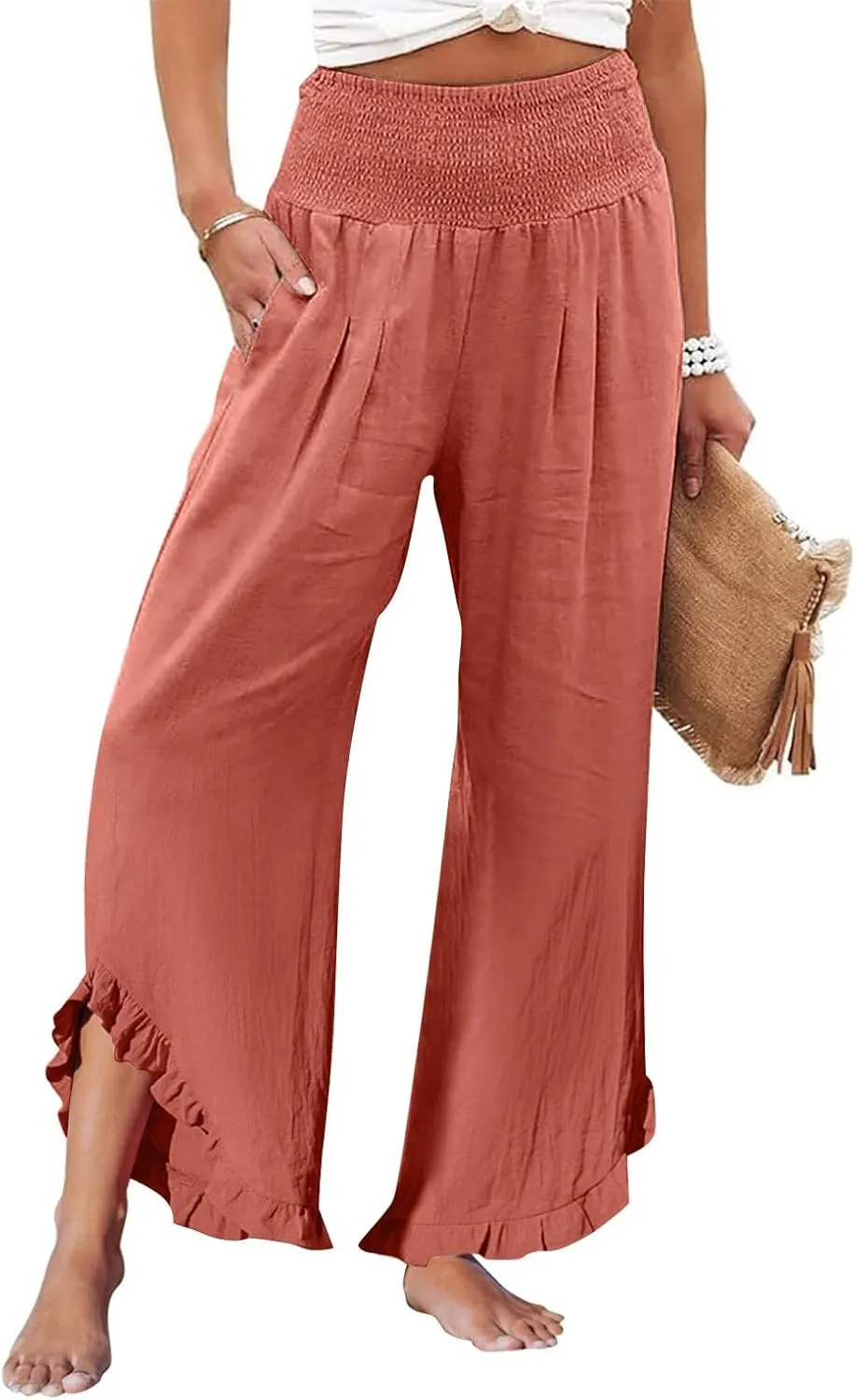 Pants for Women, Cotton Linen Straight Leg Wide Pants High Waisted Summer