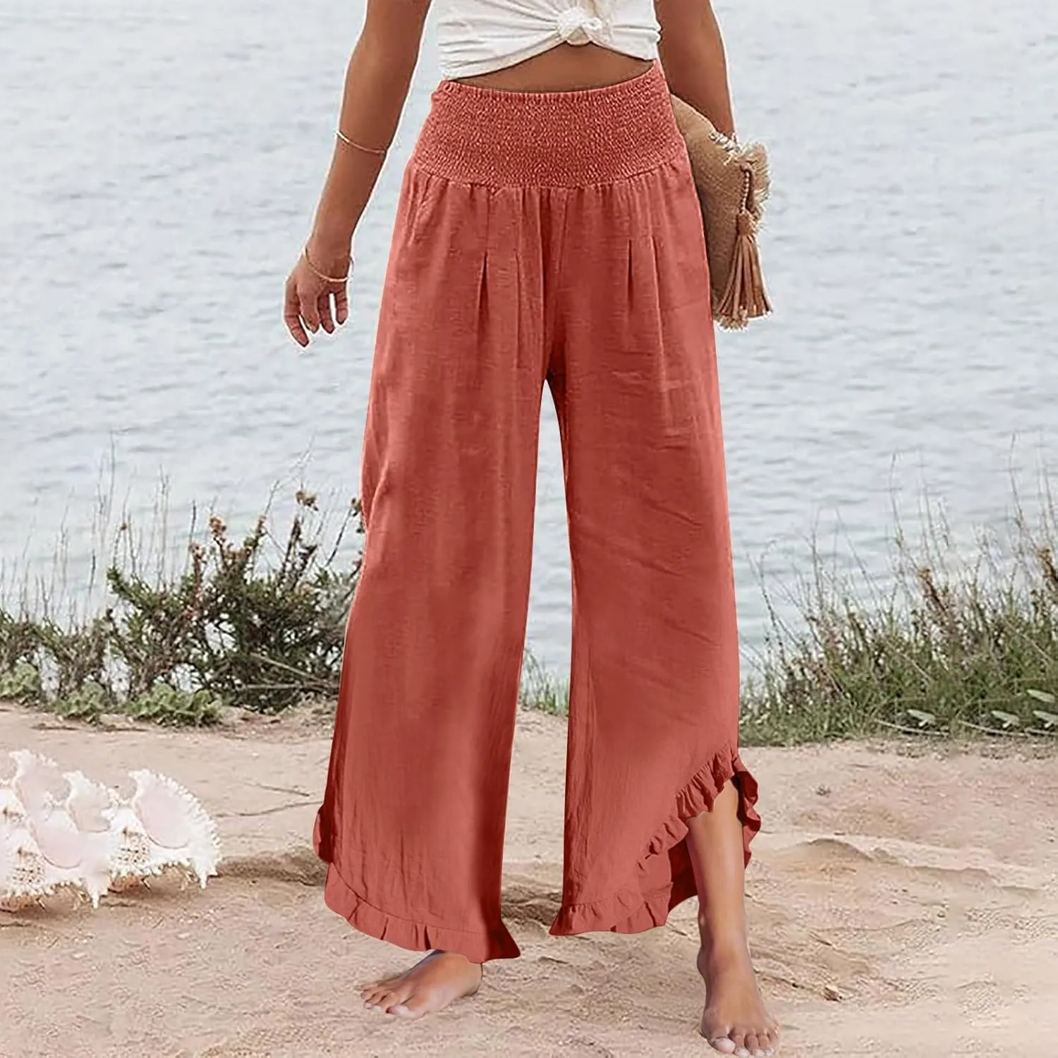 Pants for Women, Cotton Linen Straight Leg Wide Pants High Waisted Summer
