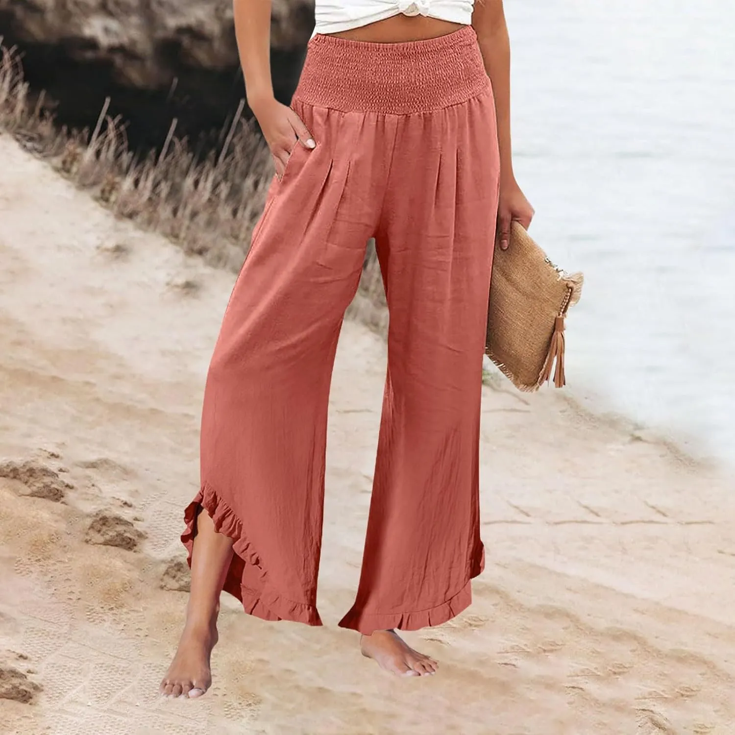 Pants for Women, Cotton Linen Straight Leg Wide Pants High Waisted Summer