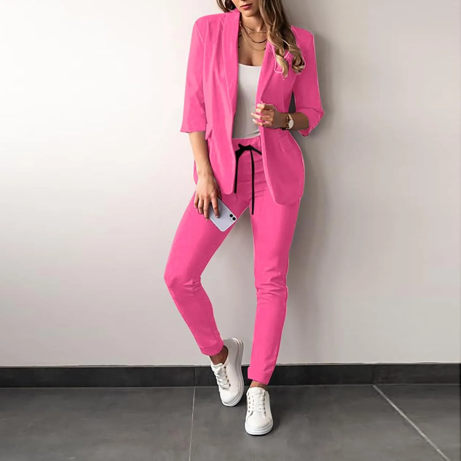 Pants Suits for Women Dressy Business Casual Outfits Work 3/4 Sleeve Blazer Sets and Pencil Pants 2 Piece Office Suit Set