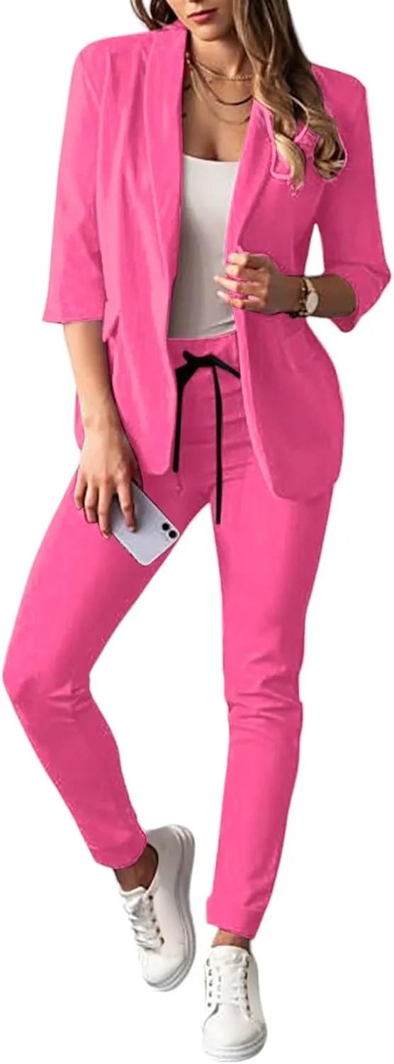 Pants Suits for Women Dressy Business Casual Outfits Work 3/4 Sleeve Blazer Sets and Pencil Pants 2 Piece Office Suit Set