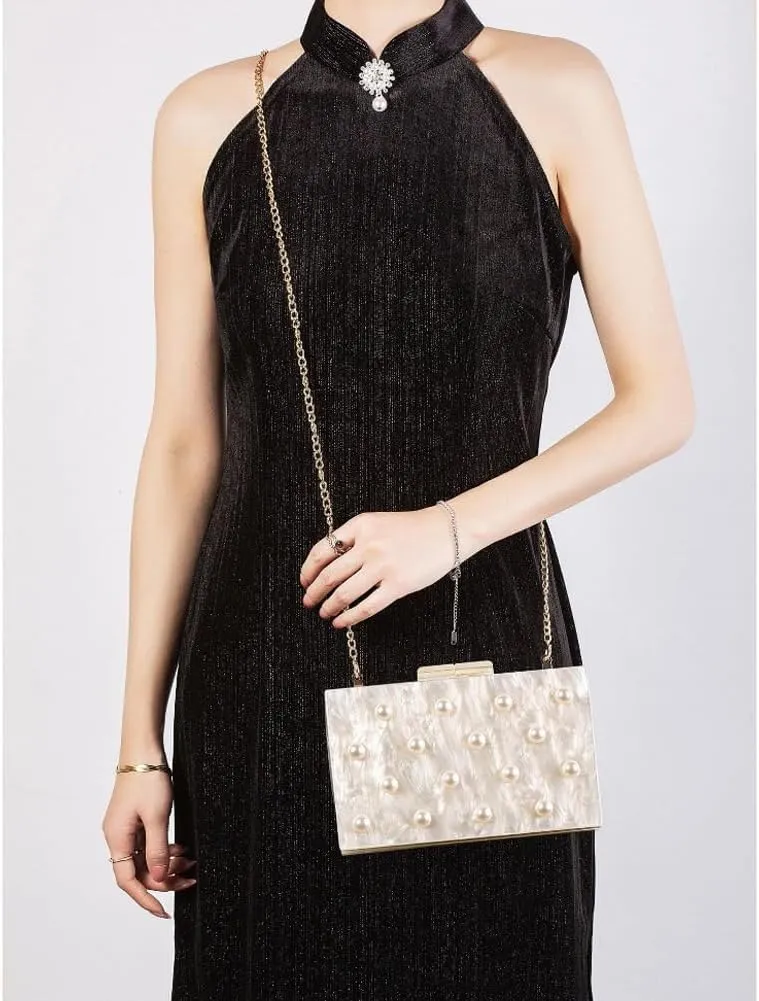 Pearl Acrylic Clutch Purse for Women Elegant Acrylic Evening Bag Unique Box Handbag for Wedding Party Prom