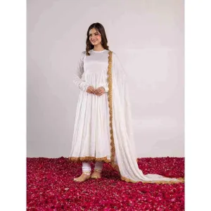 PEHNO'SA Rani Aanya Embroidered Anarkali White (Set of 3)