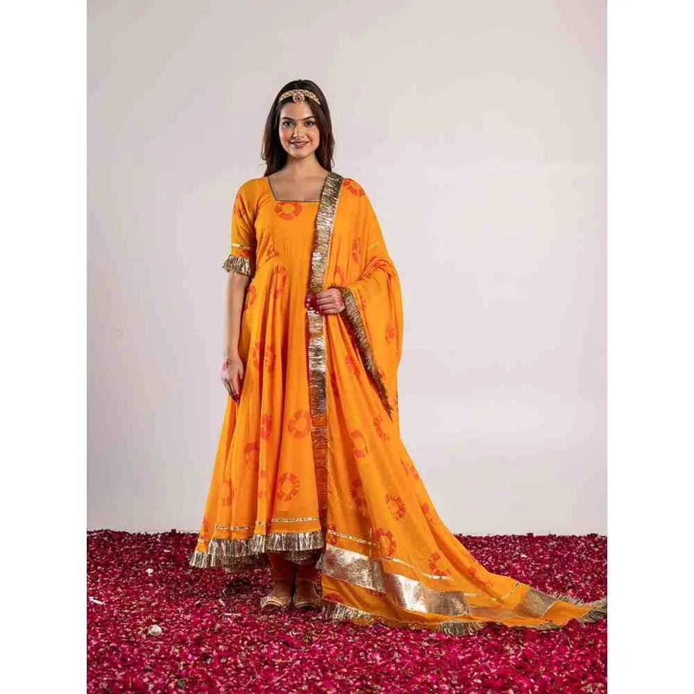 PEHNO'SA Sethani Bandhani Printed Anarkali Yellow (Set of 3)